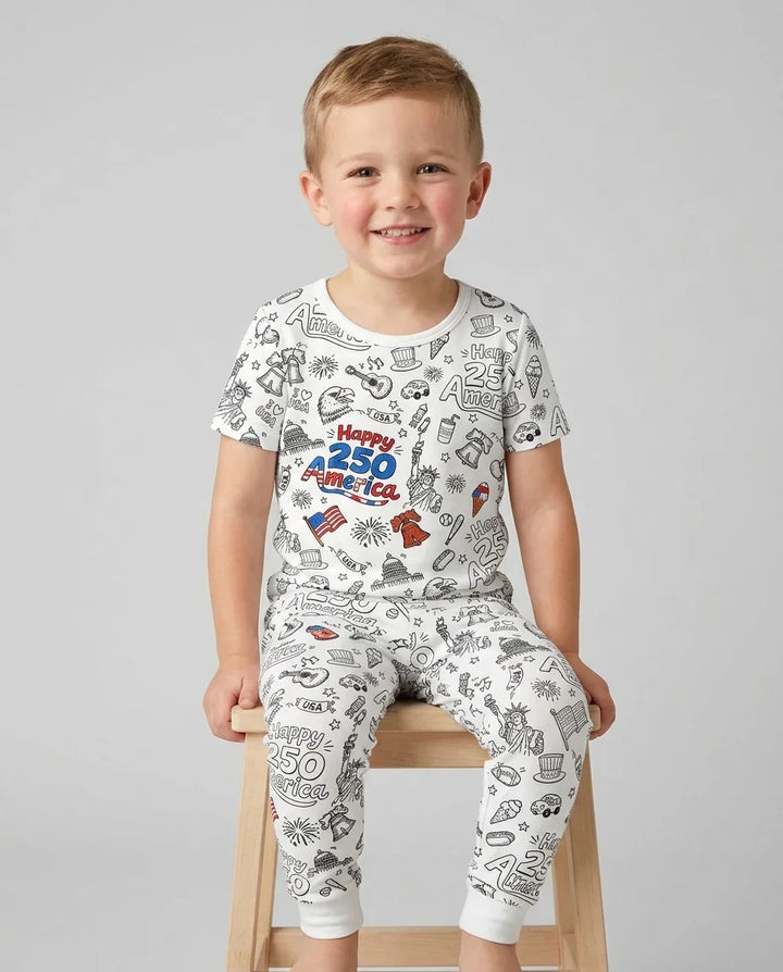 All Colorable Happy 250 America I love USA Bamboo Two Piece Short Sleeve Pajama Set