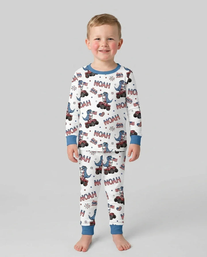 Custom Name American Flag Dinosaur Bamboo Two Piece Long Sleeve Pajama Set