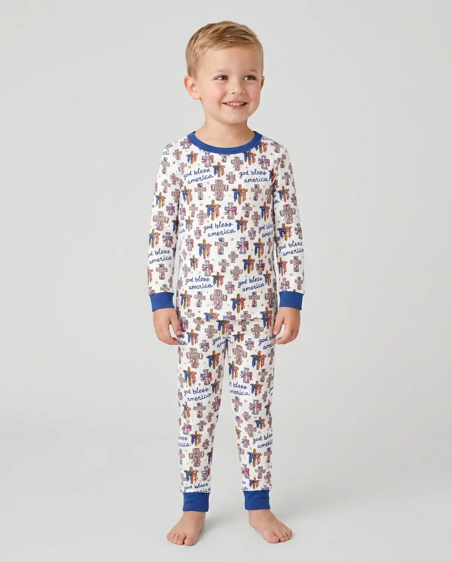 God Bless America Family Matching Bamboo Two Piece Long Sleeve Pajama Set