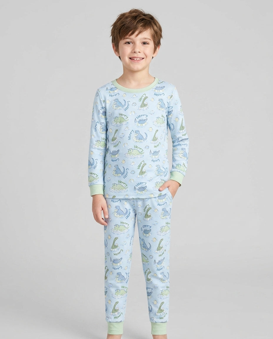 Dinos Swimming Custom Name Bamboo Two Piece Long Sleeve Pajama Set