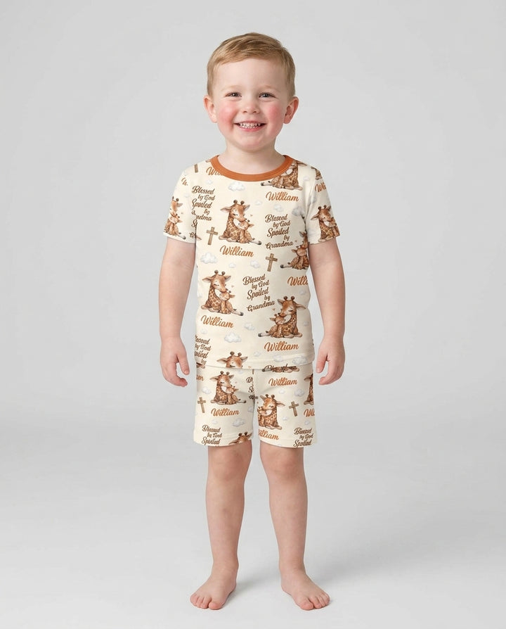 Custom Name Blessed By God Spoiled By Grandma Bamboo Two Piece Short Sleeve Shorts Pajama Set