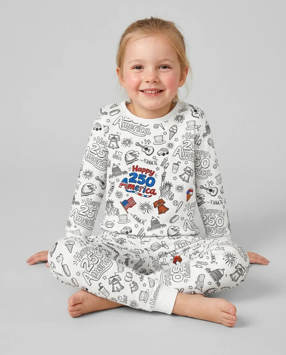 All Colorable Happy 250 America I love USA Bamboo Two Piece Long Sleeve Pajama Set