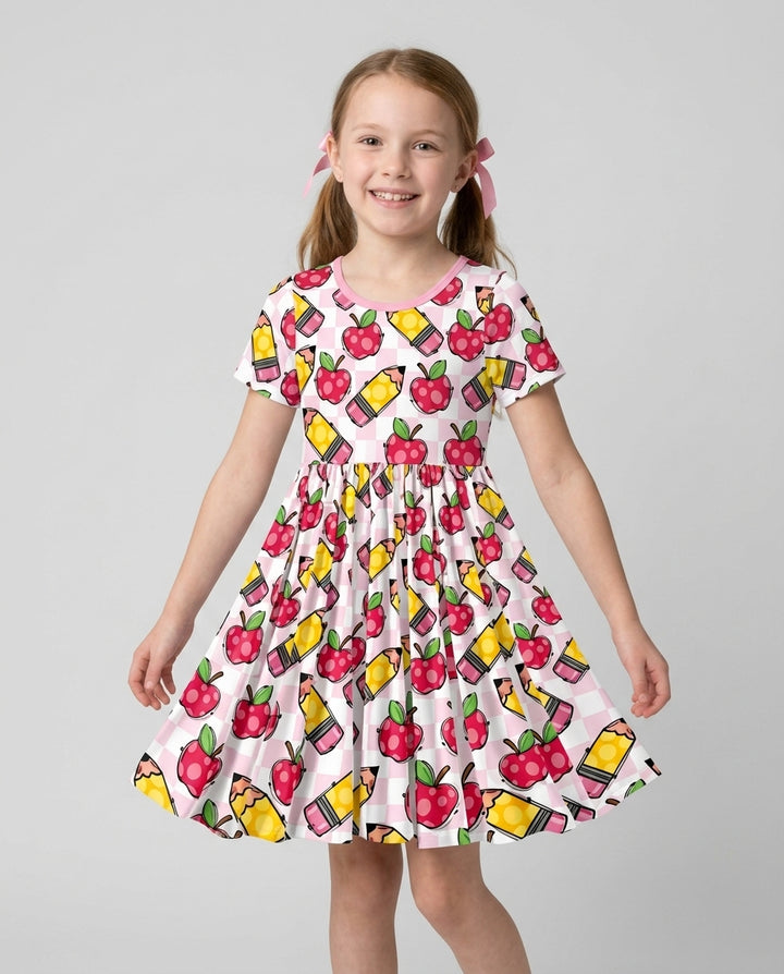 Checkered Apple Scribbles Bamboo Twirl Dress