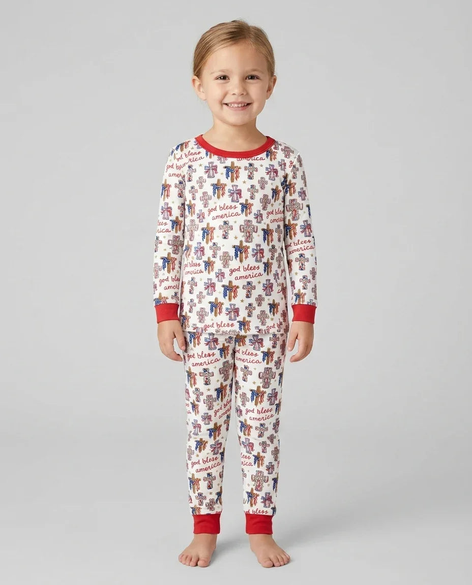 God Bless America Family Matching Bamboo Two Piece Long Sleeve Pajama Set
