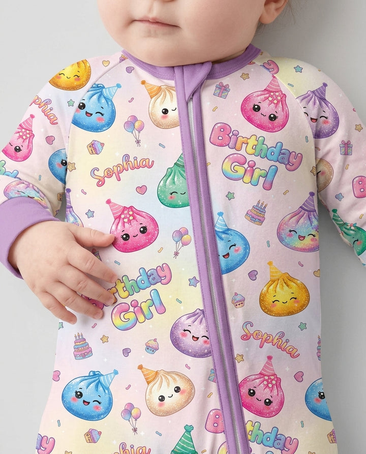 Custom Name Glitter Dumpling Birthday Girl Bamboo Convertible Zippy