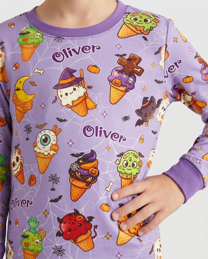 Custom Name Halloween Ice Cream Bamboo Two Piece Long Sleeve Pajama Set