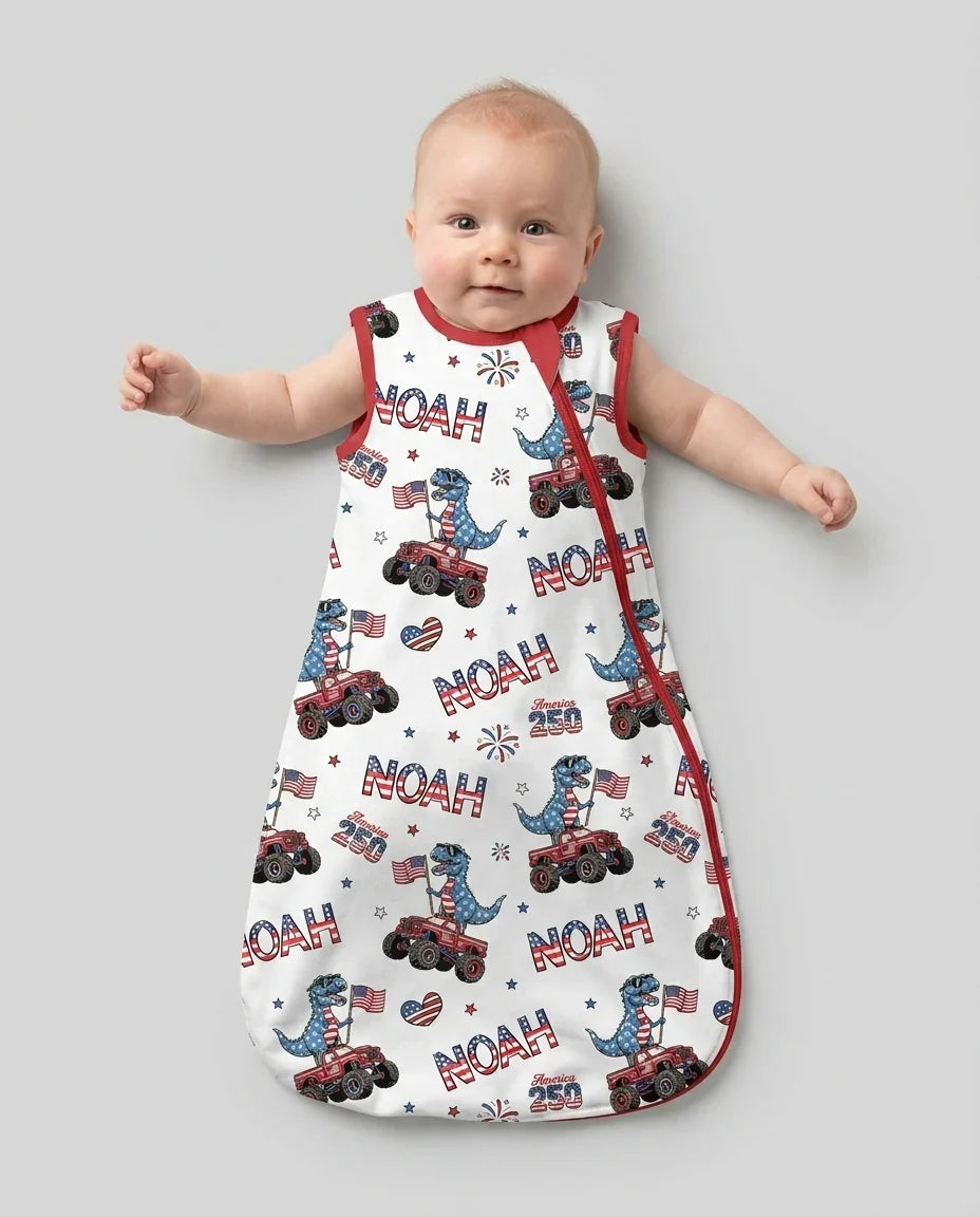 Custom Name American Flag Dinosaur Bamboo Sleep Bag