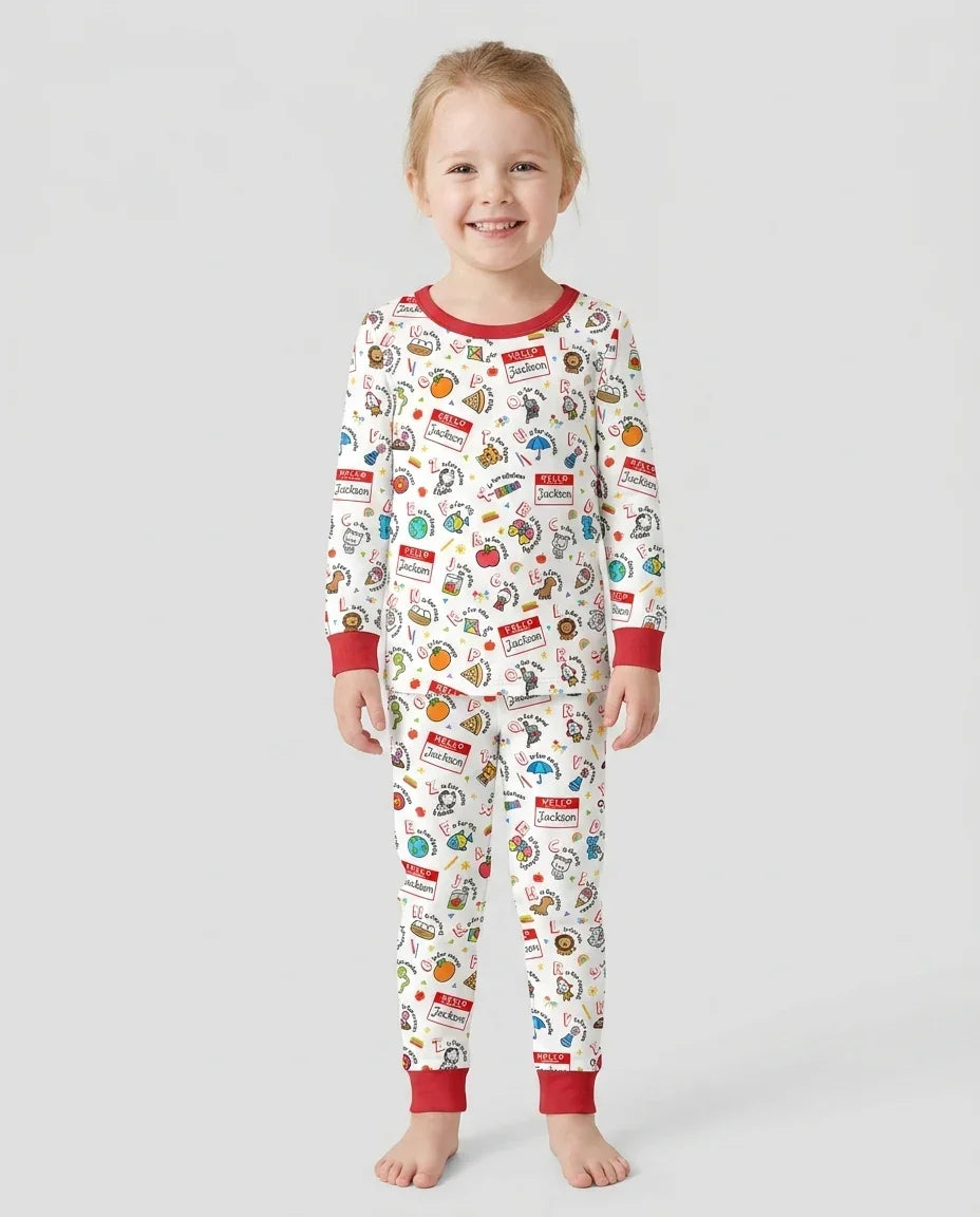 Custom Name Hello School ABCs Bamboo Two Piece Long Sleeve Pajama Set