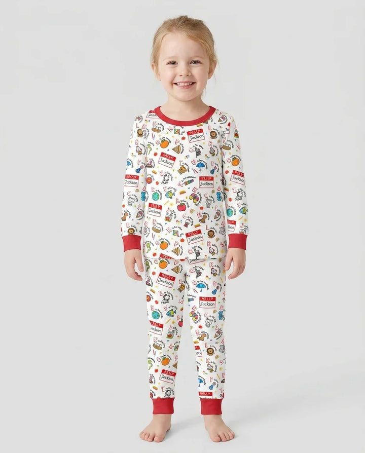 Custom Name Hello School ABCs Bamboo Two Piece Long Sleeve Pajama Set