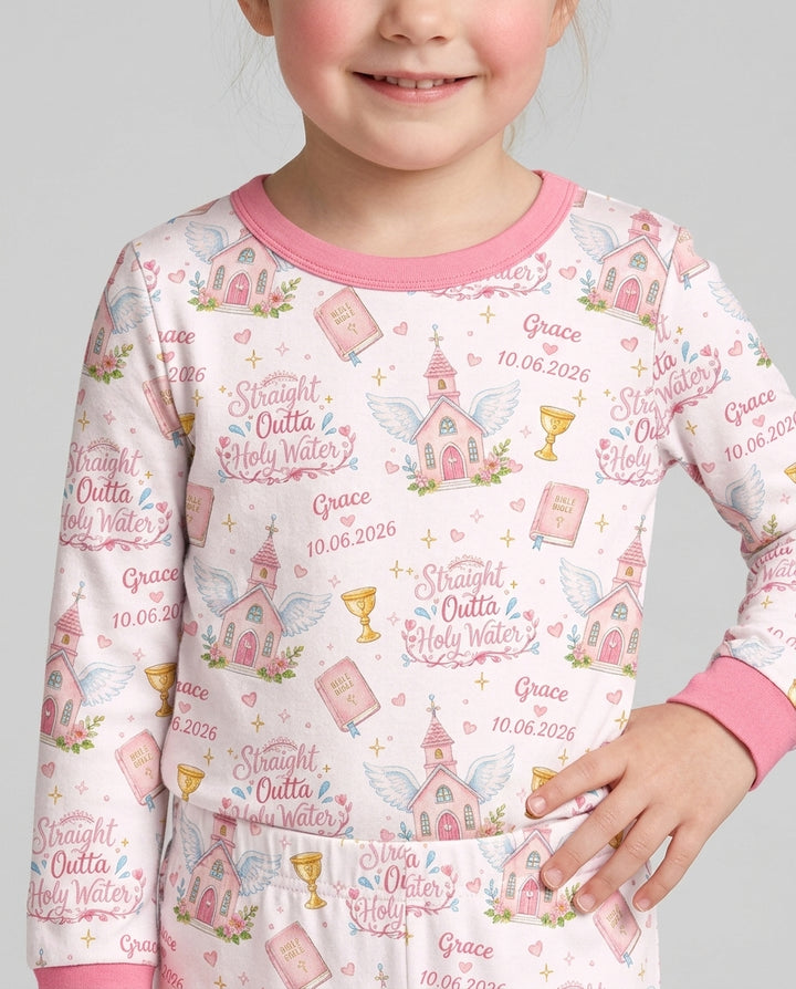 Custom Name Baptism Christening Straight Outta Holy Water Bamboo Two Piece Long Sleeve Pajama Set