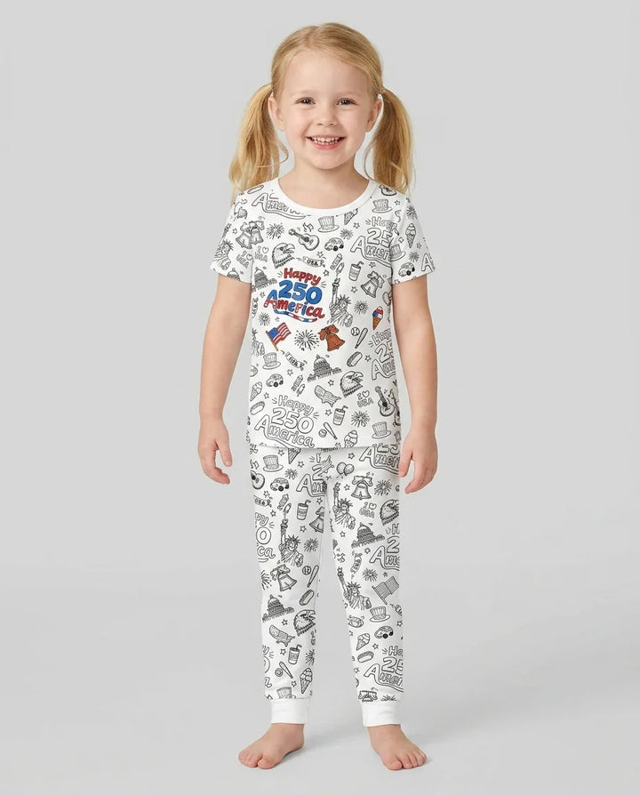 All Colorable Happy 250 America I love USA Bamboo Two Piece Short Sleeve Pajama Set