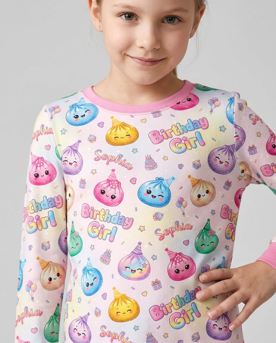 Custom Name Glitter Dumpling Birthday Girl Bamboo Two Piece Long Sleeve Pajama Set