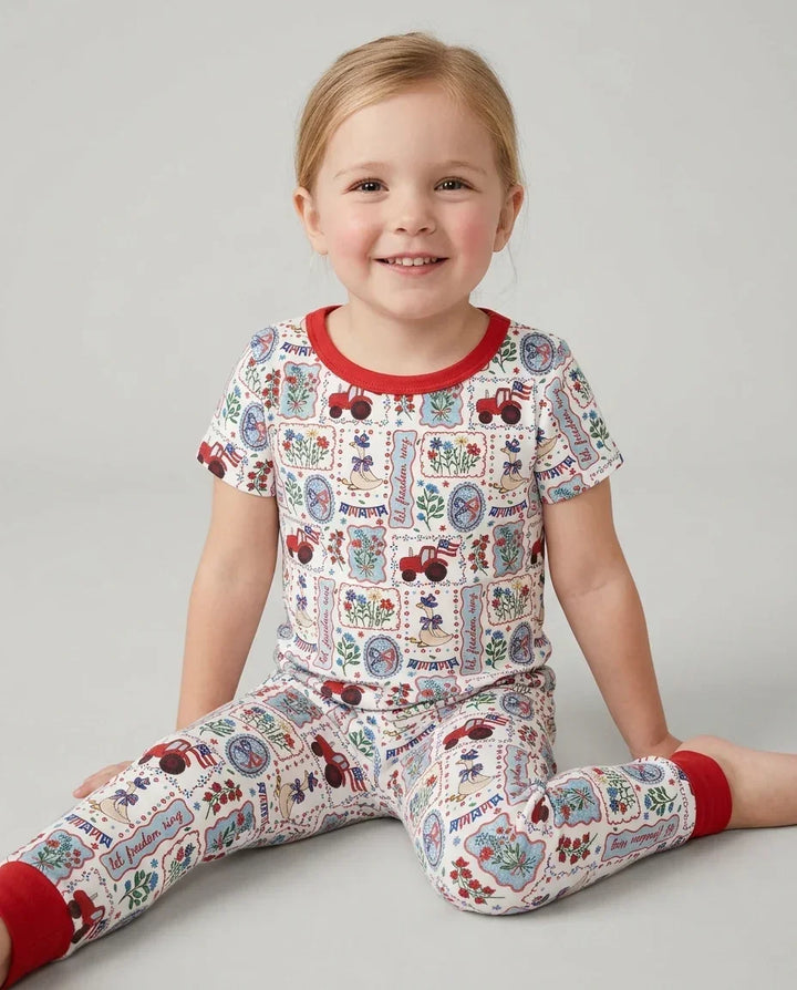 Pijama de dos piezas de bambú de manga corta a juego para la familia, diseño de ganso tonto, estilo patriótico de EE. UU.