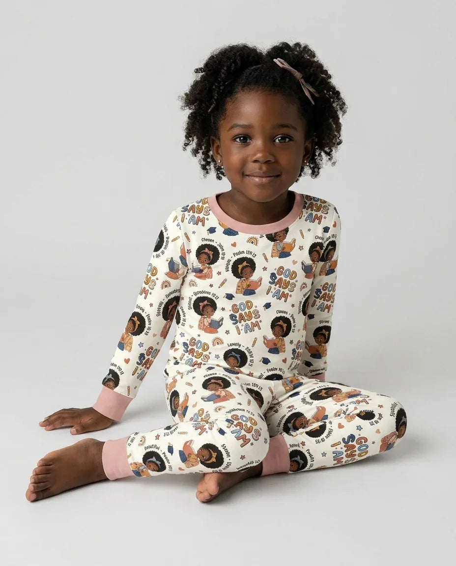 God Says I Am Cute Learning Afro Girl  Bamboo Two Piece Long Sleeve Pajama Set