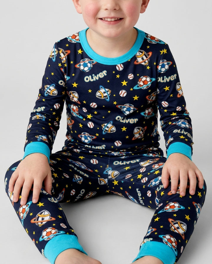 Custom Name Space Sport Bamboo Two Piece Long Sleeve Pajama Set