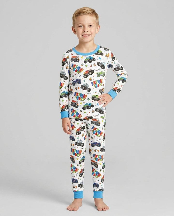 Monster Truck Birthday Boy Bamboo Two Piece Long Sleeve Pajama Set