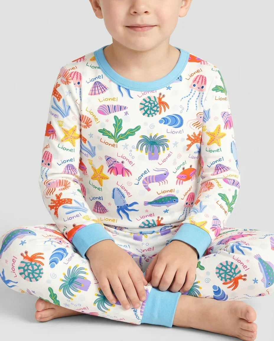 Tide Pool Pals Custom Name Bamboo Two Piece Long Sleeve Pajama Set