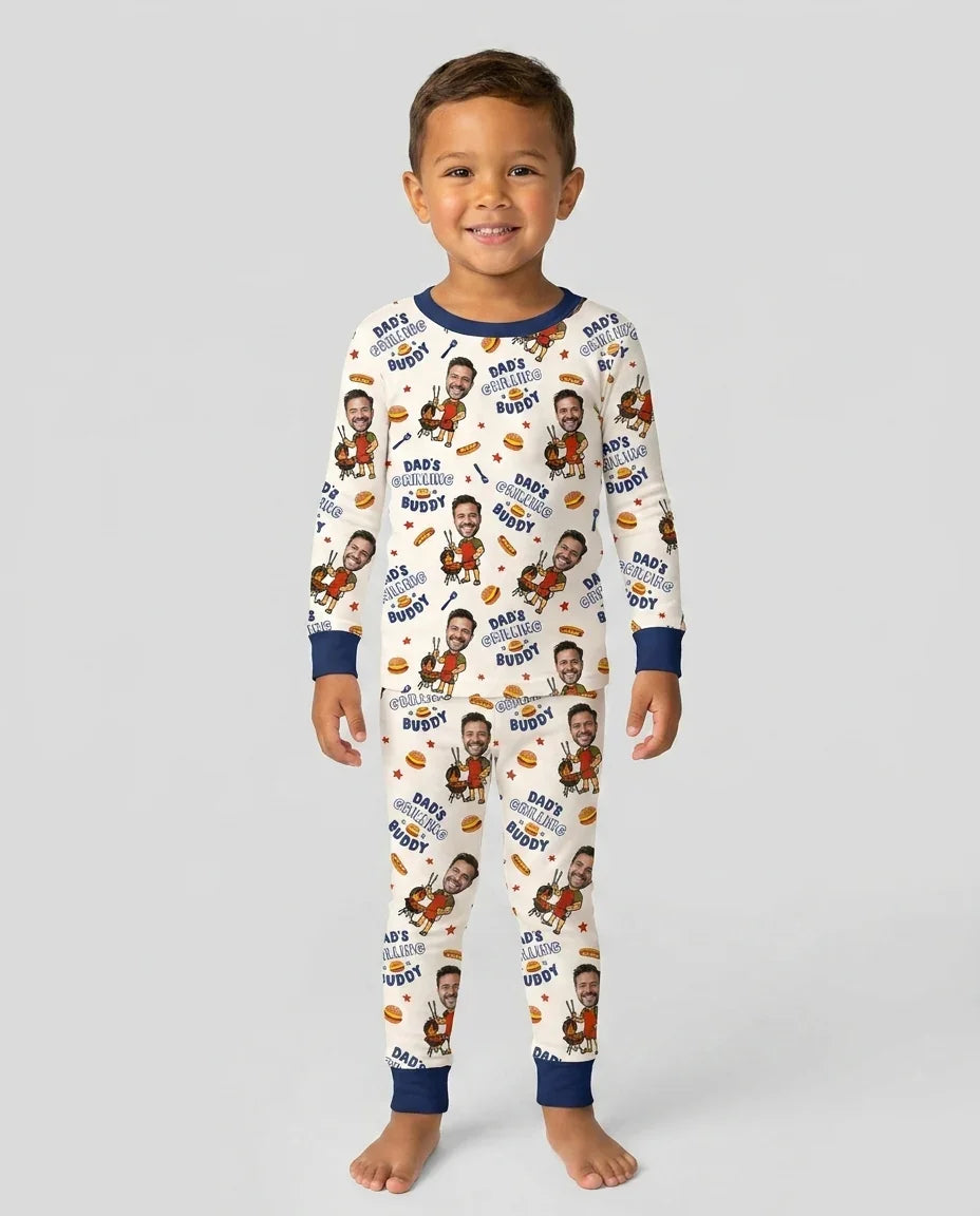Custom Photo Dad's Grilling Buddy Family Matching Bamboo Two Piece Long Sleeve Pajama Set