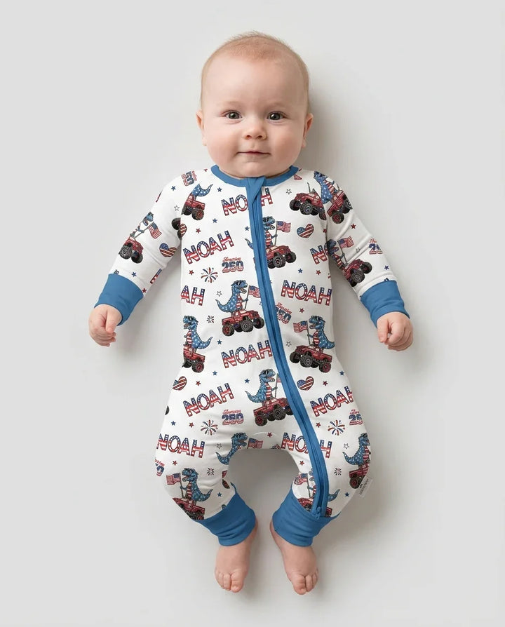 Custom Name American Flag Dinosaur Bamboo Convertible Zippy