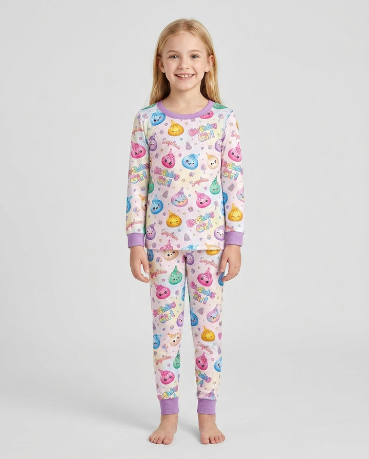 Custom Name Glitter Dumpling Birthday Girl Bamboo Two Piece Long Sleeve Pajama Set