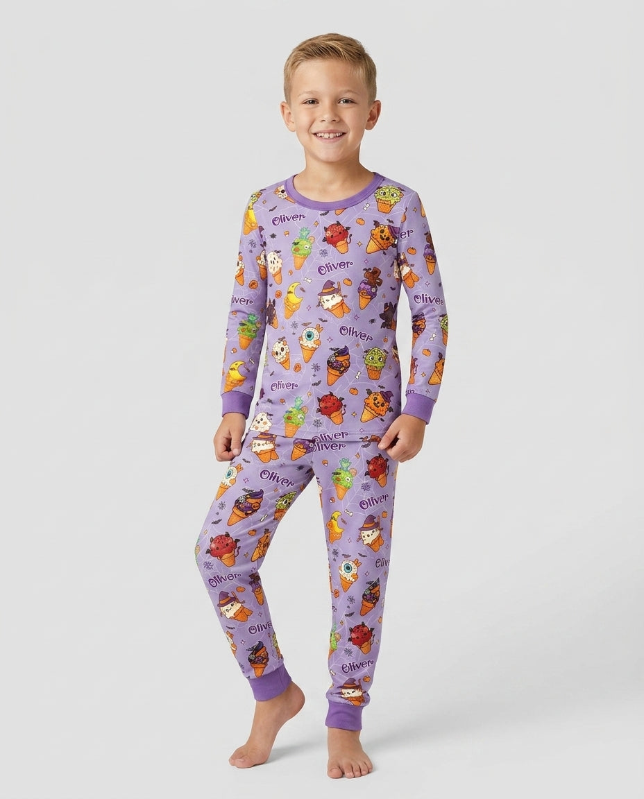 Custom Name Halloween Ice Cream Bamboo Two Piece Long Sleeve Pajama Set