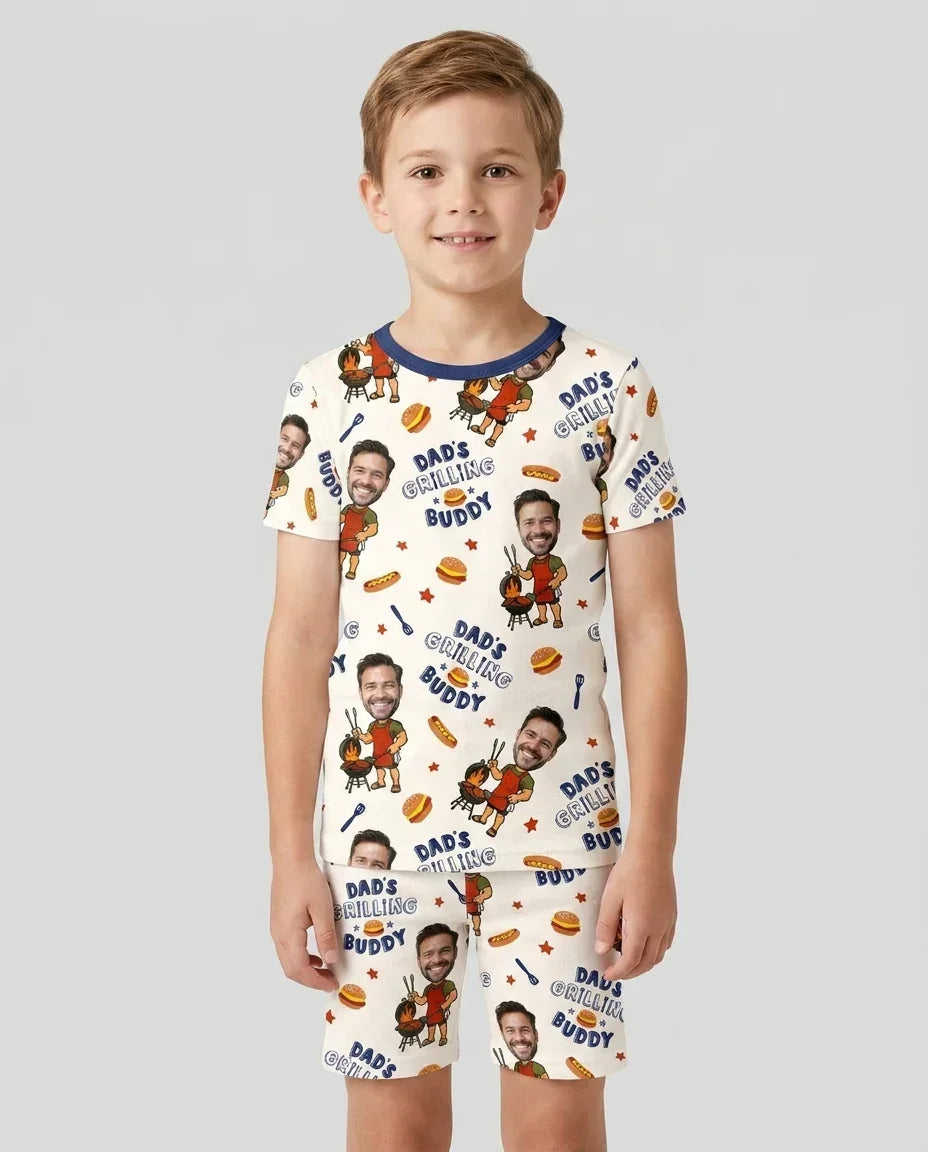 Custom Photo Dad's Grilling Buddy Family Matching Bamboo Two Piece Short Sleeve Shorts Pajama Set