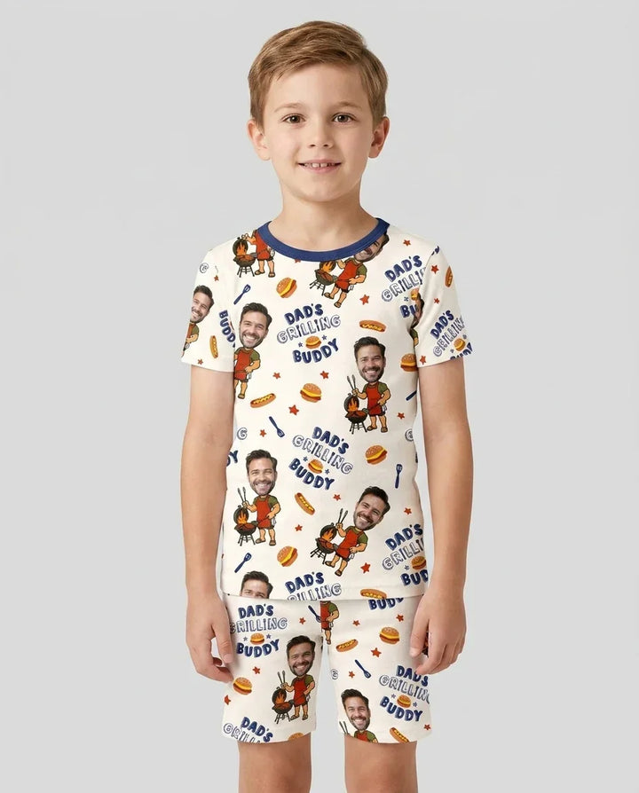 Custom Photo Dad's Grilling Buddy Family Matching Bamboo Two Piece Short Sleeve Shorts Pajama Set