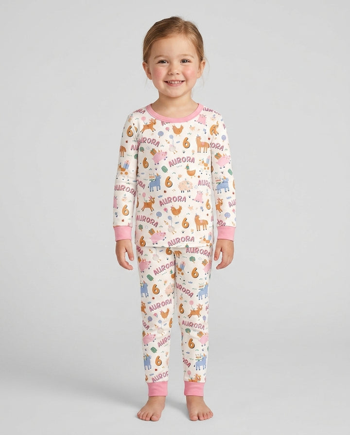 Personalized Farm Animals Birthday Bamboo Two Piece Long Sleeve Pajama Set
