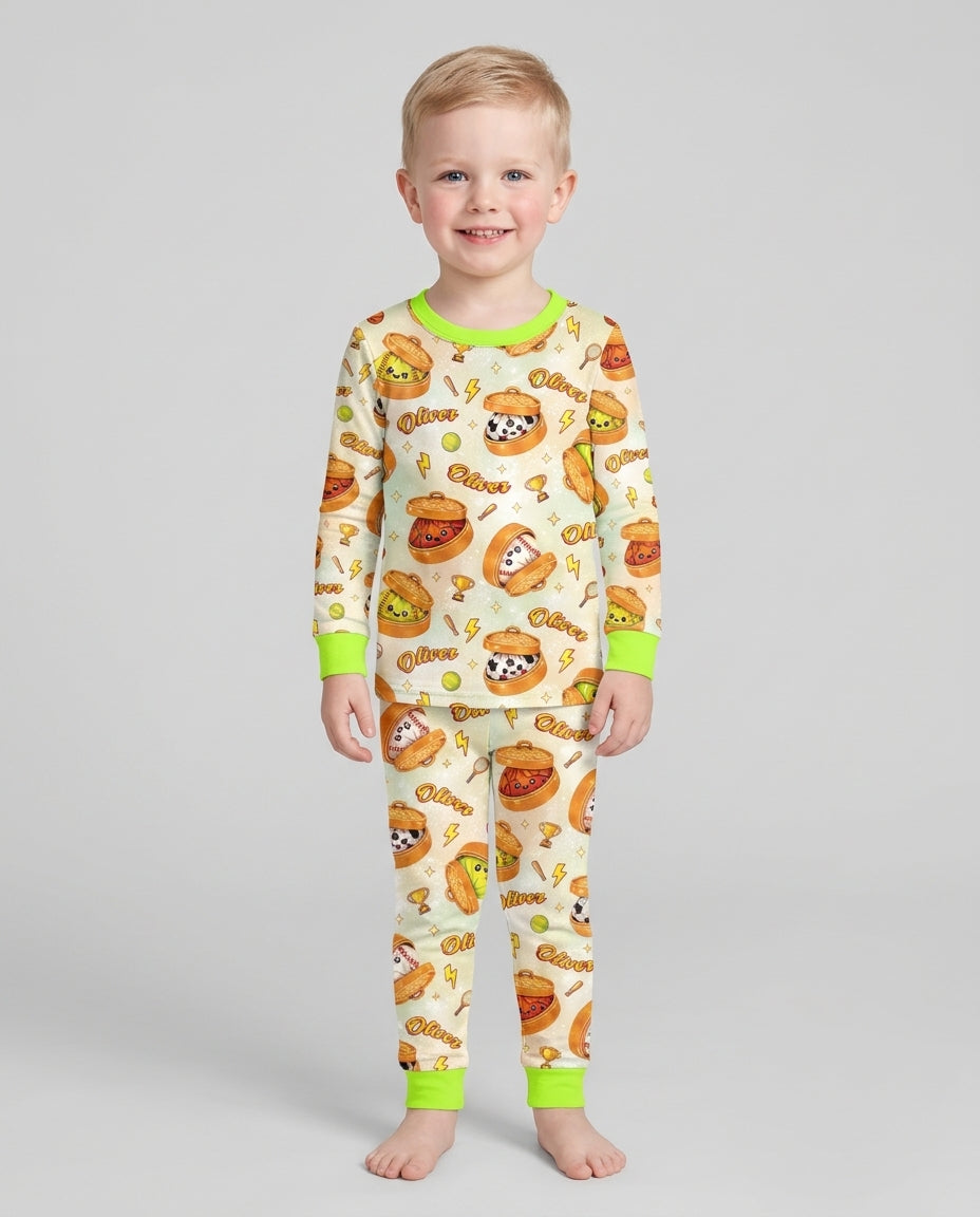 Custom Name Sports Dumpling Bamboo Two Piece Long Sleeve Pajama Set