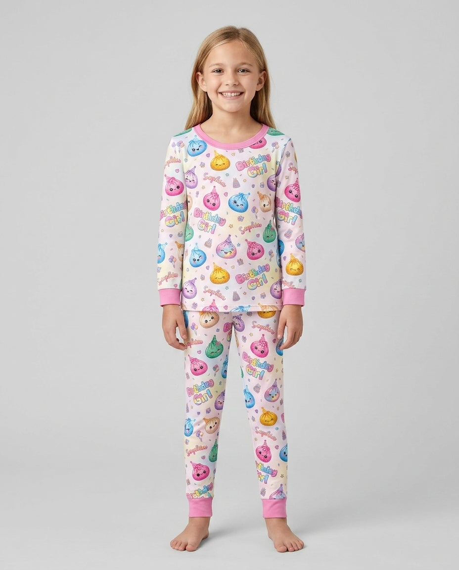 Custom Name Glitter Dumpling Birthday Girl Bamboo Two Piece Long Sleeve Pajama Set