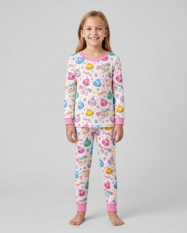Custom Name Glitter Dumpling Birthday Girl Bamboo Two Piece Long Sleeve Pajama Set