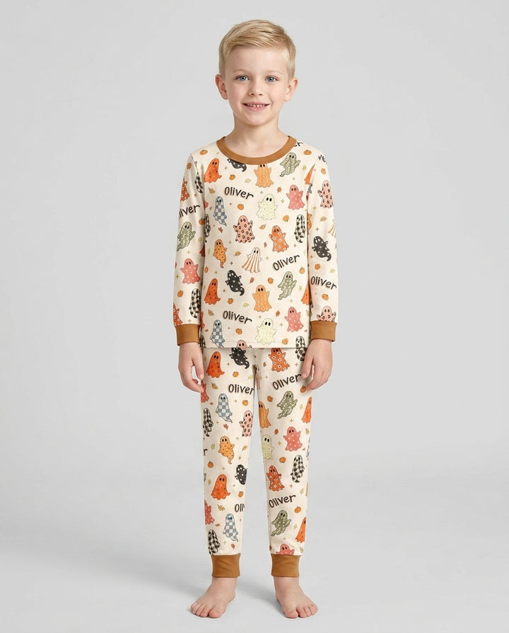 Custom Name Fall Ghost Bamboo Two Piece Long Sleeve Pajama Set