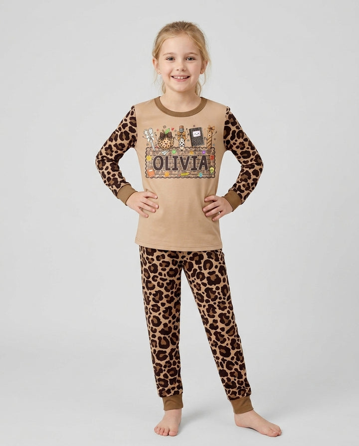 Custom Name School Sweetheart Leopard Bamboo Two Piece Long Sleeve Pajama Set