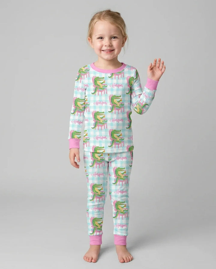 Custom Name Preppy Later Gator Bamboo Two Piece Long Sleeve Pajama Set