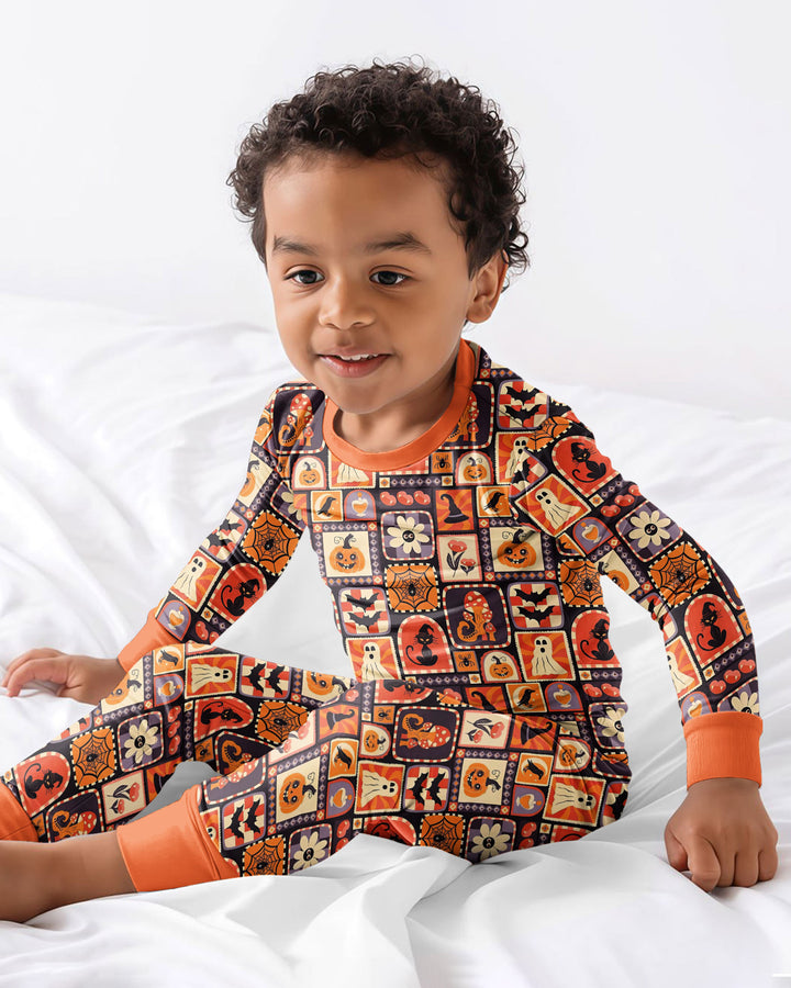 Retro Halloween Patchwork Icons Bamboo Two Piece Long Sleeve Pajama Set