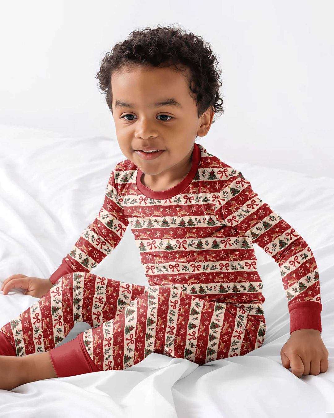 Vintage Reindeer Christmas Stripes Bamboo Two Piece Long Sleeve Pajama Set
