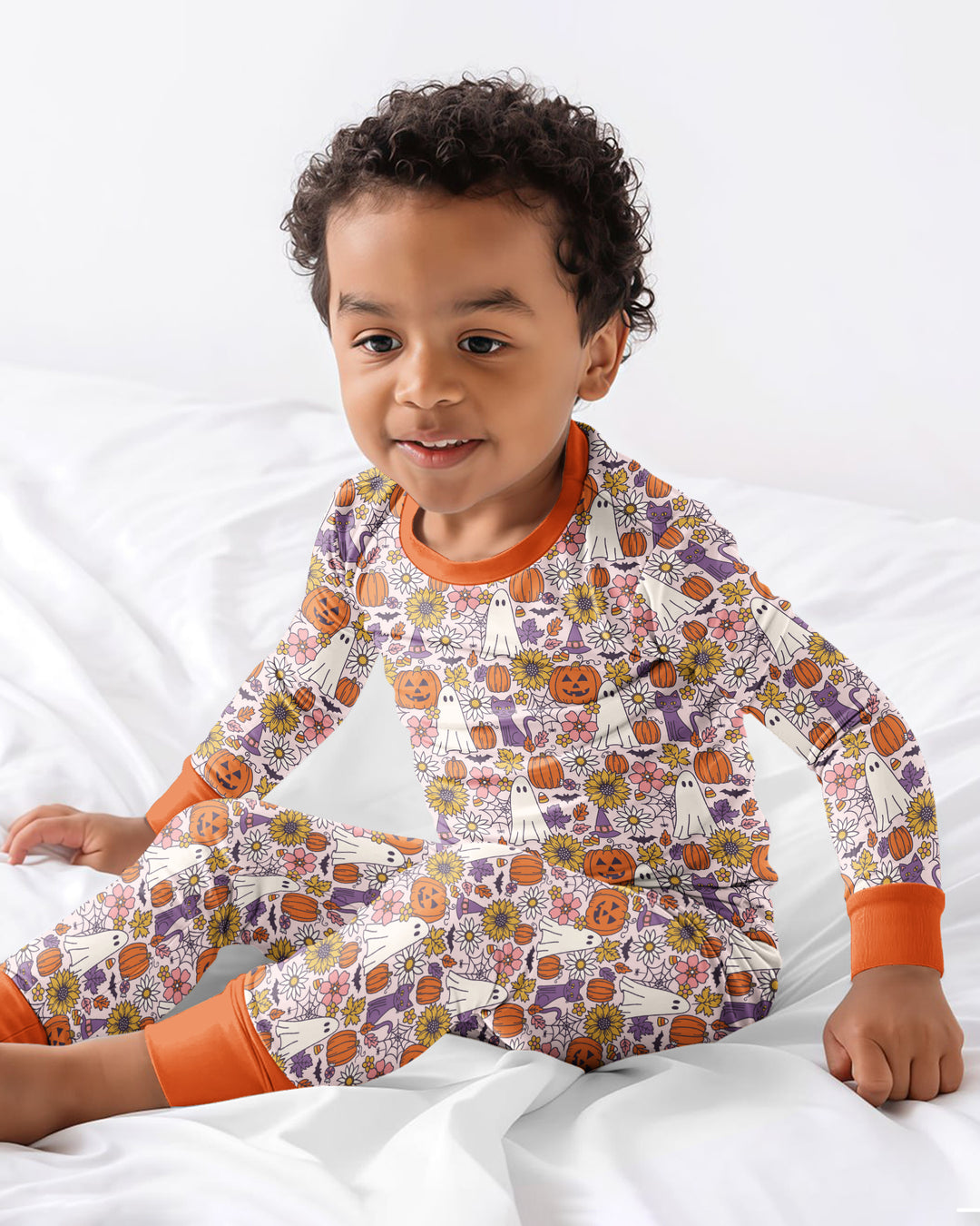 Ghost Pumpkin Fall Floral Halloween Bamboo Two Piece Long Sleeve Pajama Set