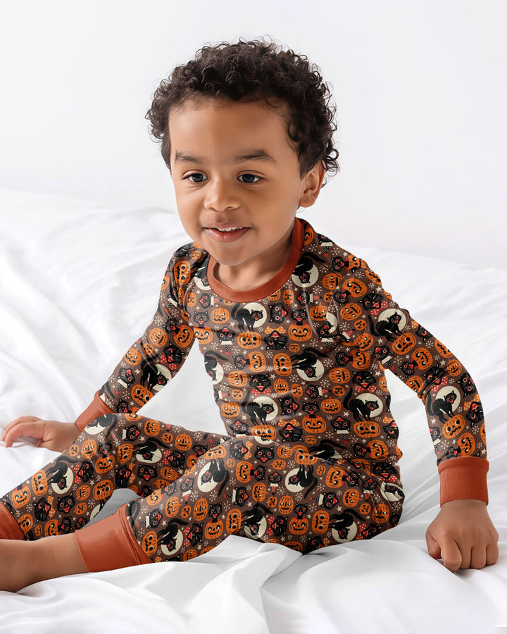 Vintage Halloween Black Cat Pumpkin Bamboo Two Piece Long Sleeve Pajama Set