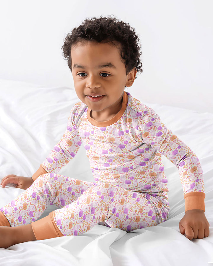 Pastel Pumpkins and Ghosts Bamboo Two Piece Long Sleeve Pajama Set