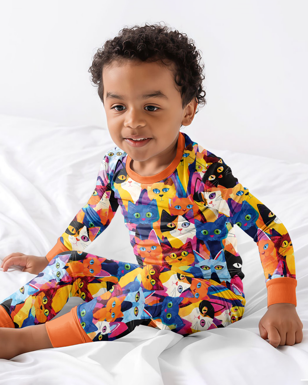 Cartoon Abstract Kitten Pattern Bamboo Two Piece Long Sleeve Pajama Set