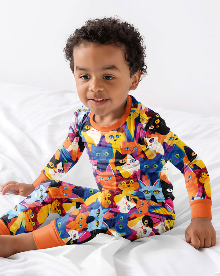 Cartoon Abstract Kitten Pattern Bamboo Two Piece Long Sleeve Pajama Set