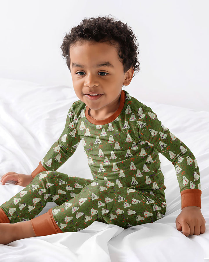 Cute Ghost Halloween Moss Green Floral Bamboo Two Piece Long Sleeve Pajama Set