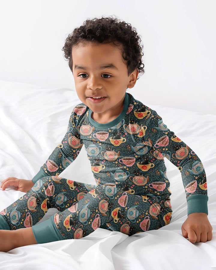 Folk Floral Black Cat Tea Party Bamboo Two Piece Long Sleeve Pajama Set