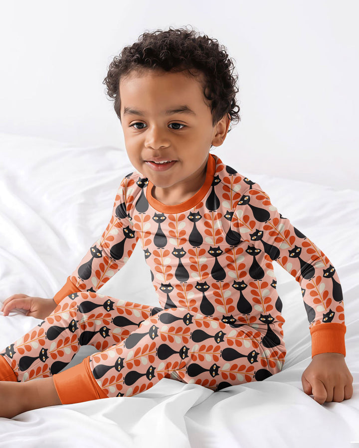 Retro Black Cat Garden Bamboo Two Piece Long Sleeve Pajama Set