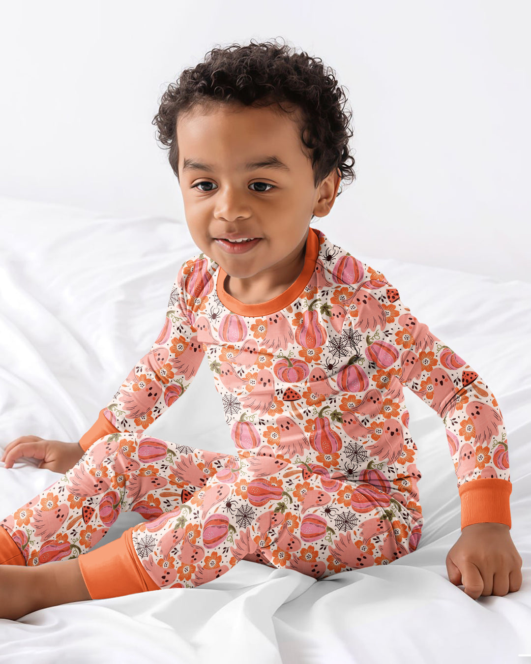 Pink Ghost Pumpkin Fall Floral Halloween Bamboo Two Piece Long Sleeve Pajama Set