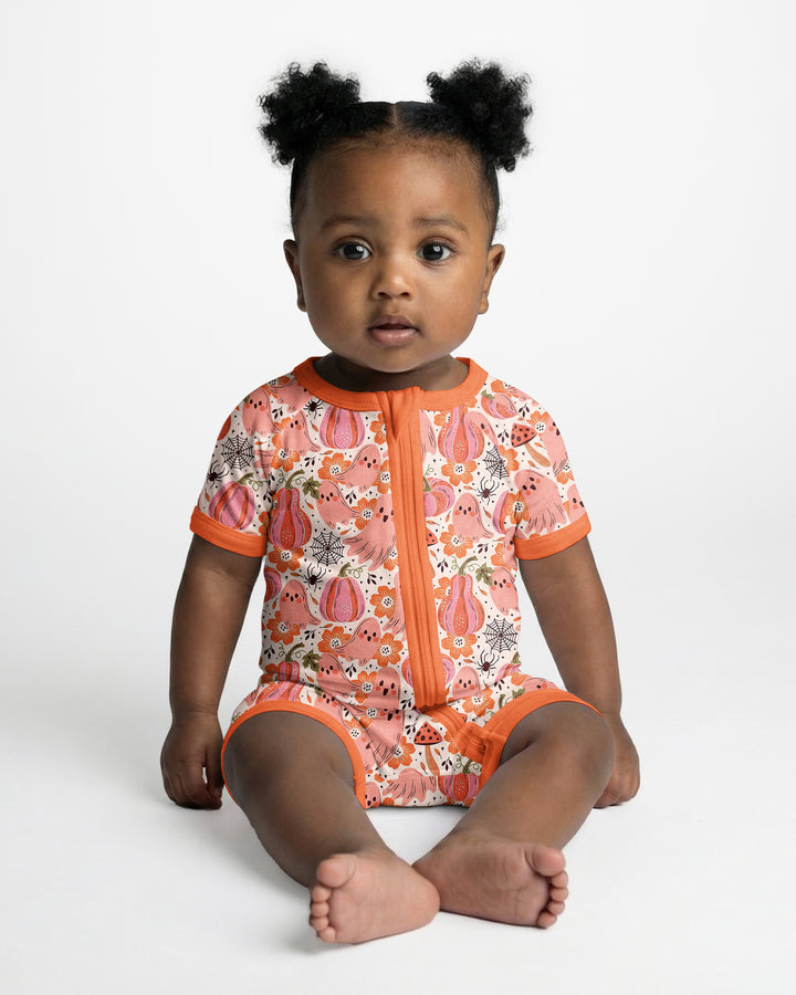 Pink Ghost Pumpkin Fall Floral Halloween Bamboo Shorty Zippy