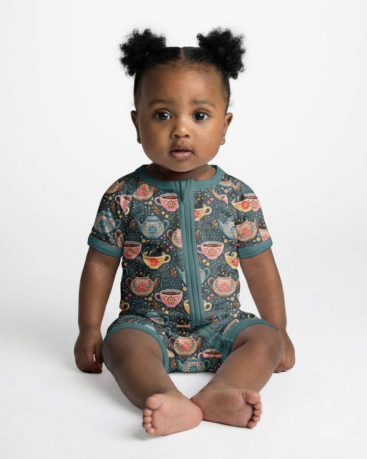 Folk Floral Black Cat Tea Party Bamboo Shorty Zippy