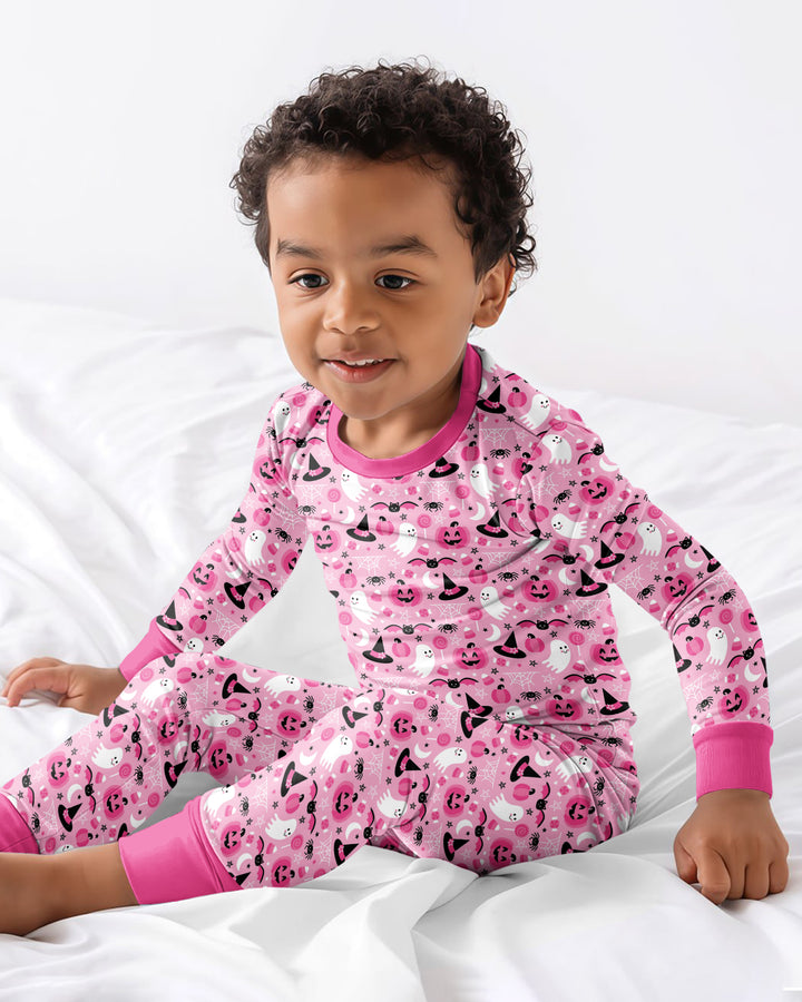 Cute Pink Halloween Ghost Pumpkin Witch Bamboo Two Piece Long Sleeve Pajama Set