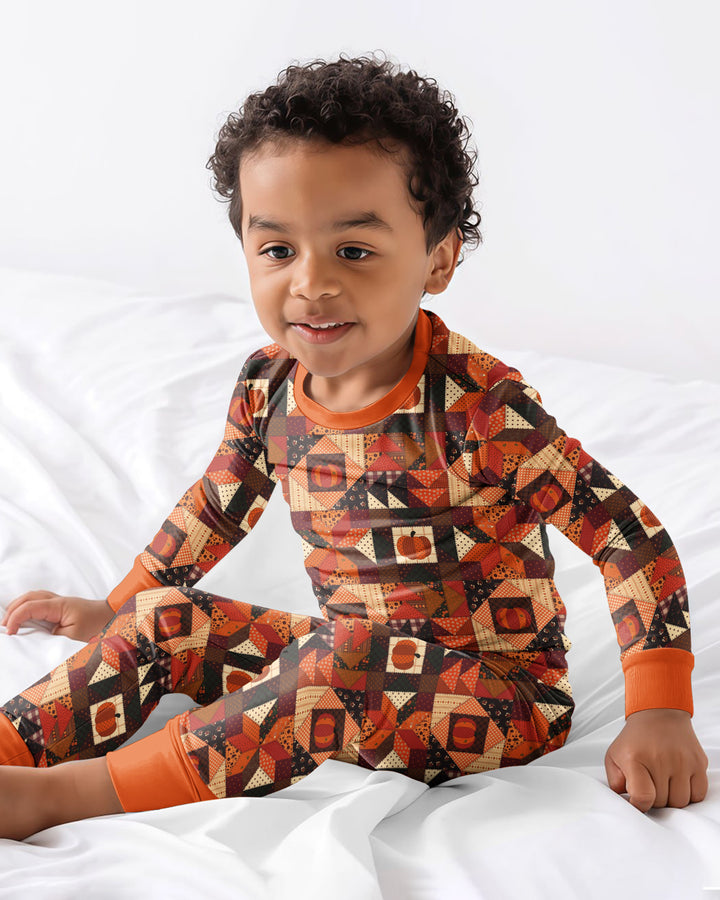 Vintage Pumpkin Patchwork Fall Bamboo Two Piece Long Sleeve Pajama Set