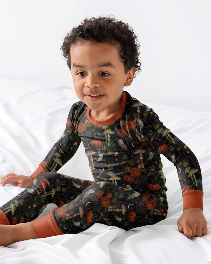 Spooky Cute Ghost Pumpkin Mushroom Halloween Bamboo Two Piece Long Sleeve Pajama Set